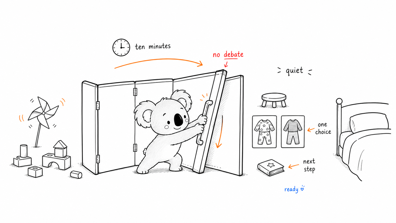 Doala pulls a folding quiet gate between active play and a calm bedtime space with one small choice.