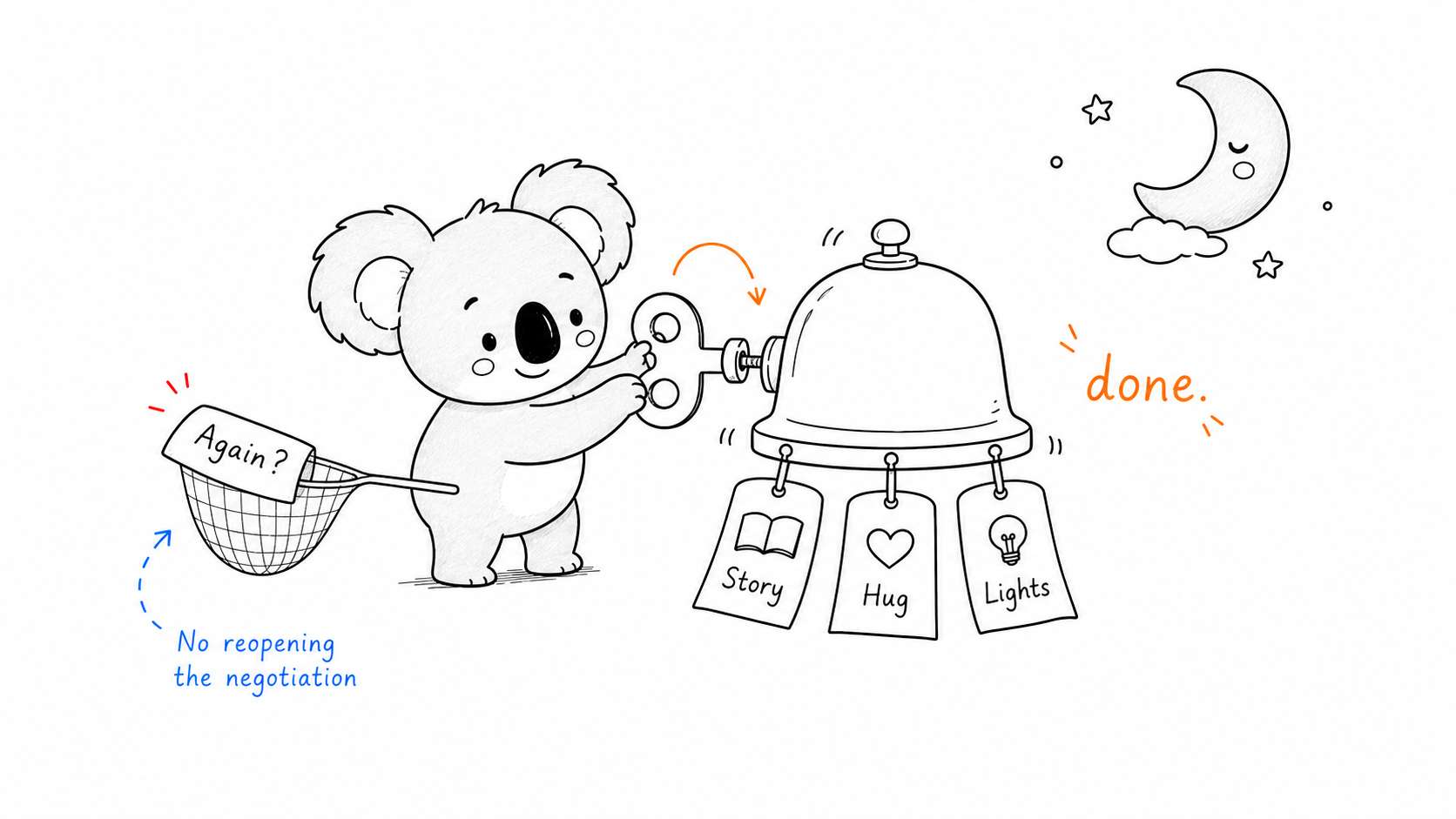 Doala winds a bedtime bell with story hug and lights
