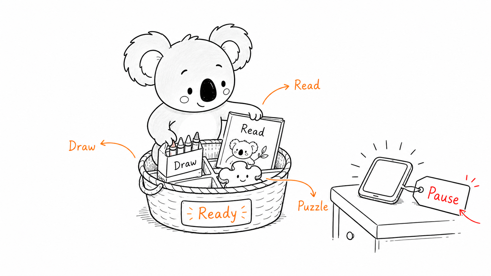 Doala fills a ready basket with drawing reading and a quiet puzzle
