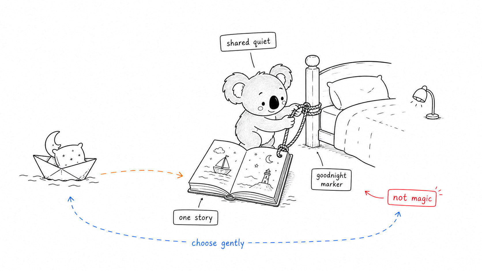 Doala ties an open storybook anchor to a bedpost while a small paper boat approaches a quiet bedtime scene.