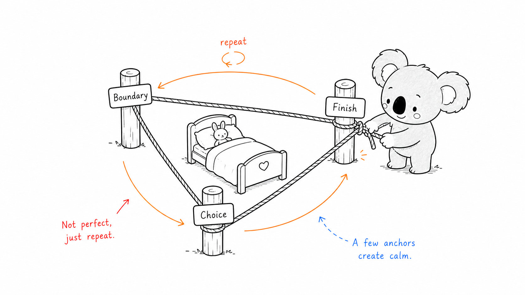 Doala ties three bedtime anchors around a small safe sleep space