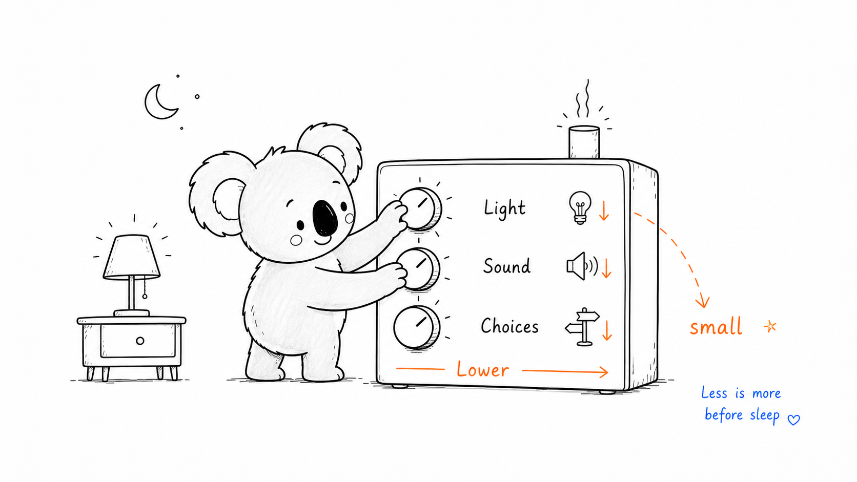 Doala turns down light sound and choices before sleep