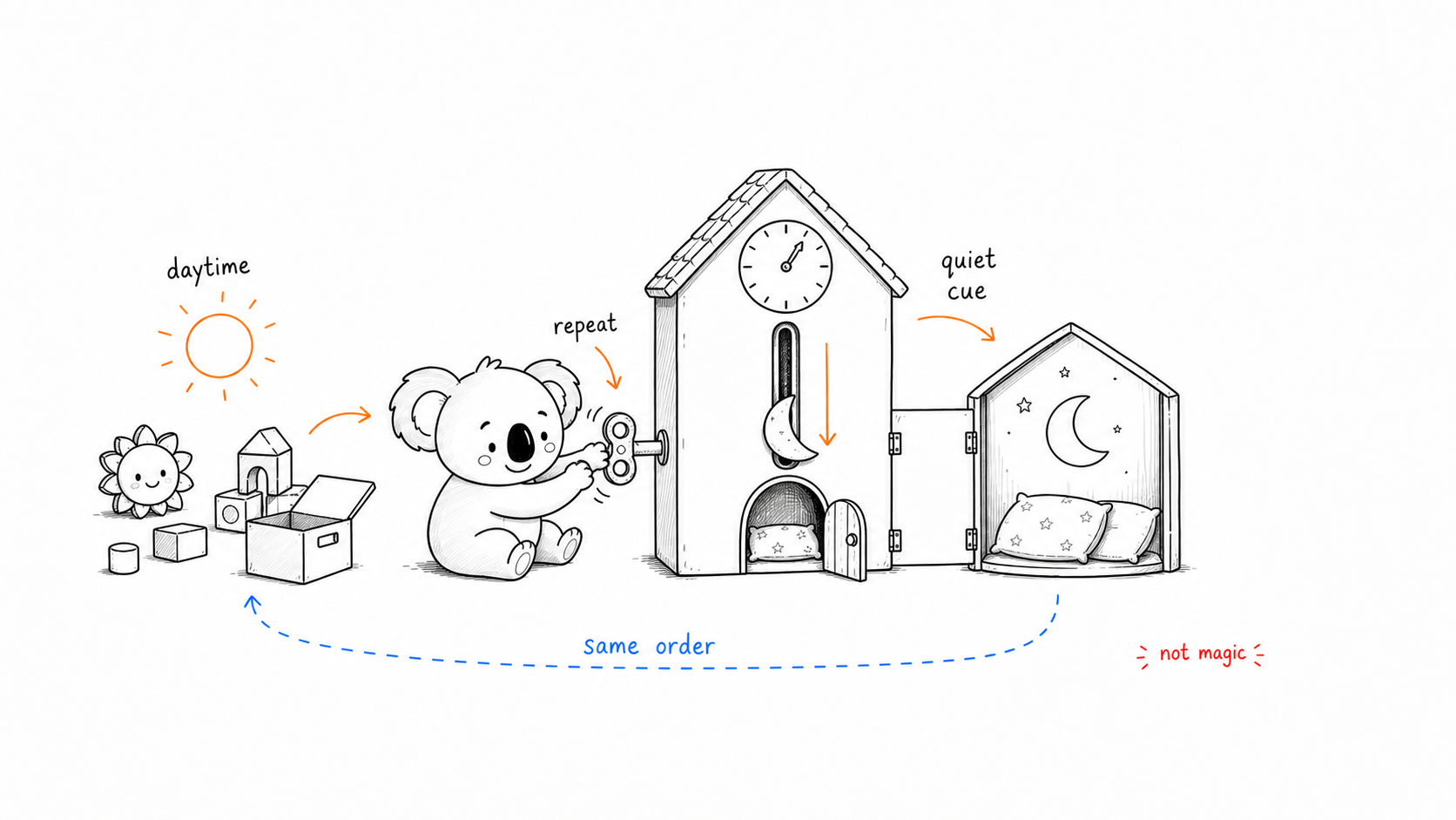 Doala winds a crooked clock-house as daytime toys are packed away and a moon settles into a quiet nook.