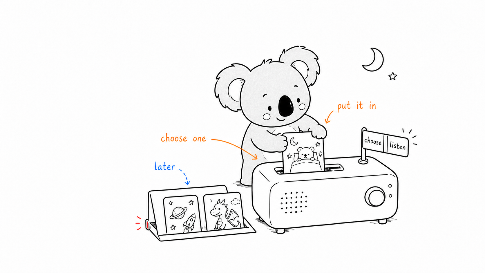 Choosing one physical story card for bedtime